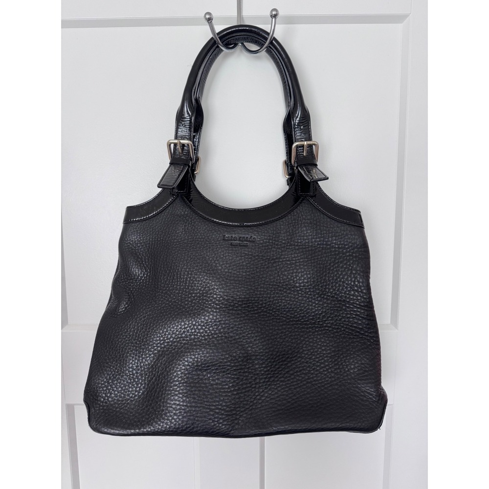 Kate Spade New York Black Pebbled Leather Tote Bag Patent Trim Red Spade Lining